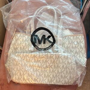 Michael Kors White and Tan Logo Tote